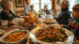 gather around the table at Thanksgiving