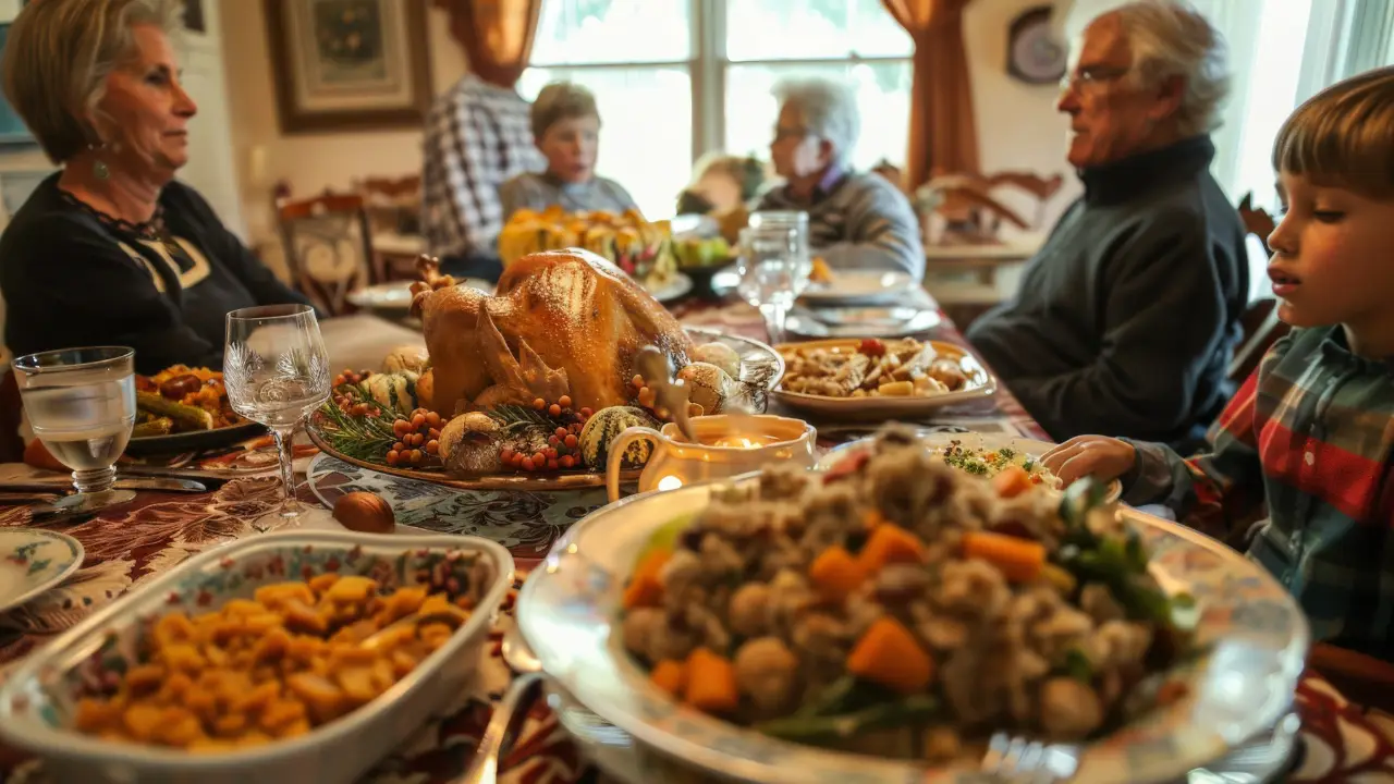gather around the table at Thanksgiving