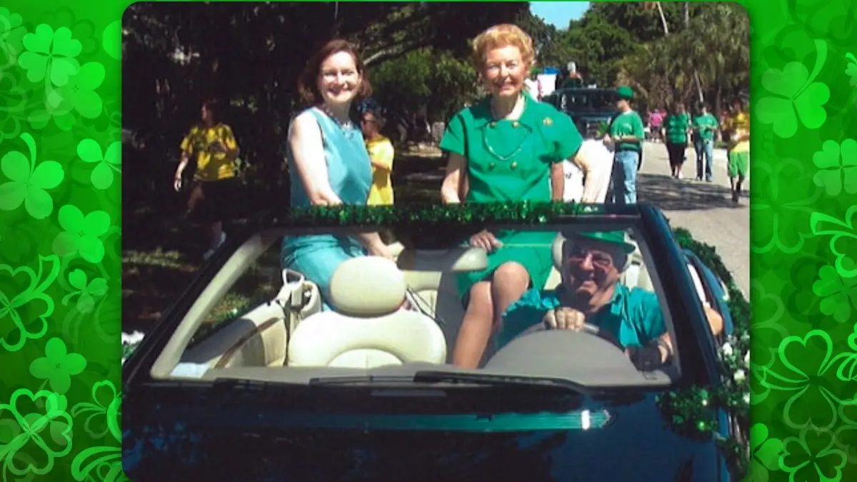 Anne Schlafly and her mother, Phyllis Schlafly, in green convertible in the Naples, Florida St. Patrick's Day Parade, as driven by Mark Andrews.