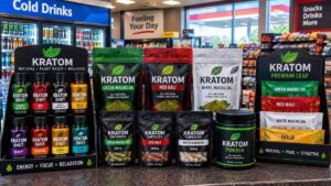 Kratom Product Display at Convenience Store Counter