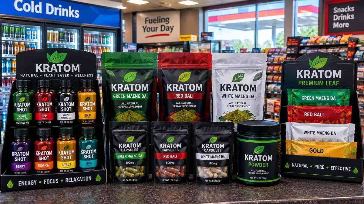 Kratom Product Display at Convenience Store Counter